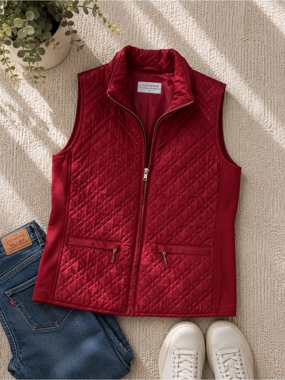 Classic Quilted Red Women's Vest with Zip Pockets